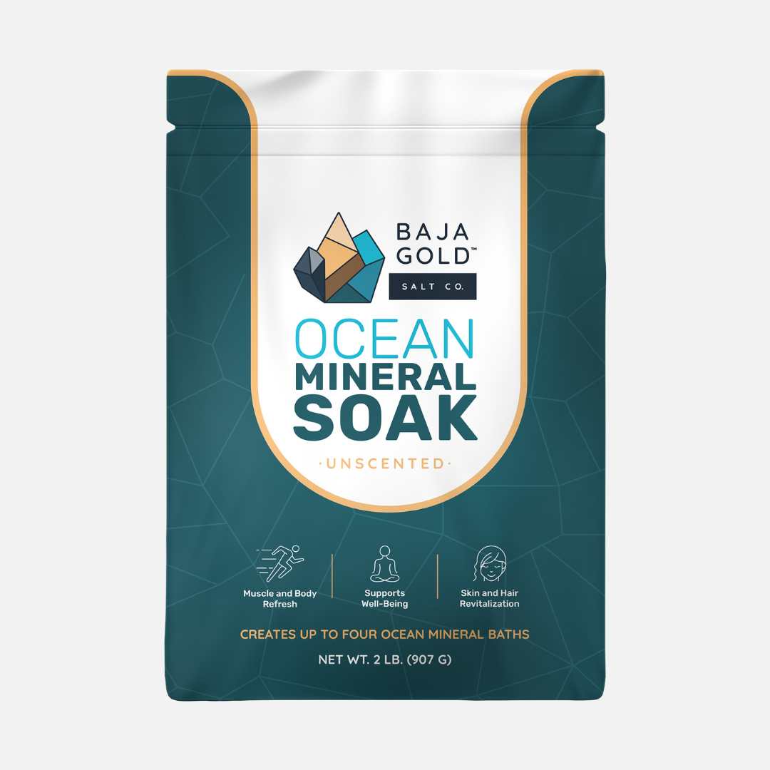 Baja Gold ocean mineral soak unscented package on a white background.
