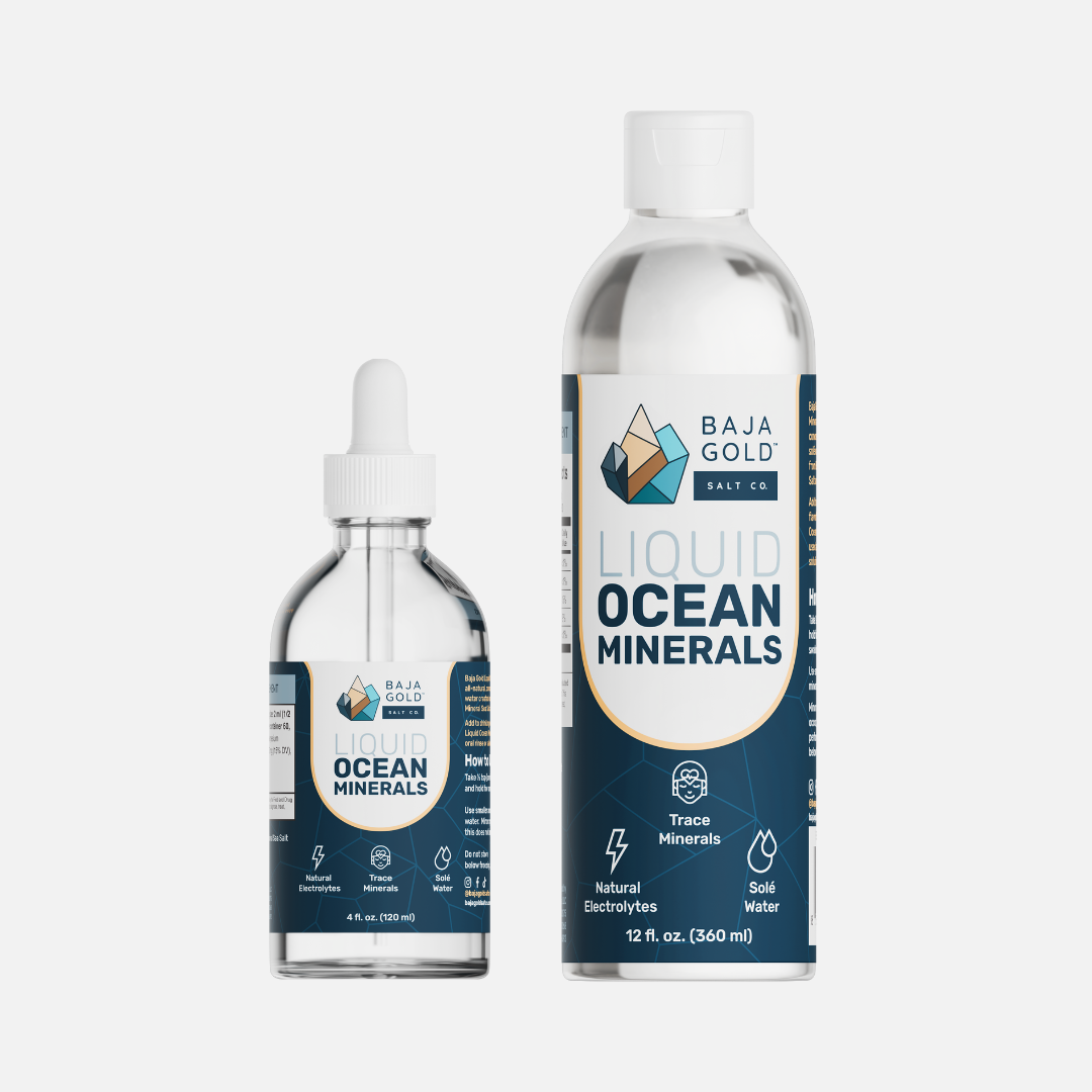Two bottles of Baja Gold liquid ocean minerals on a white background.