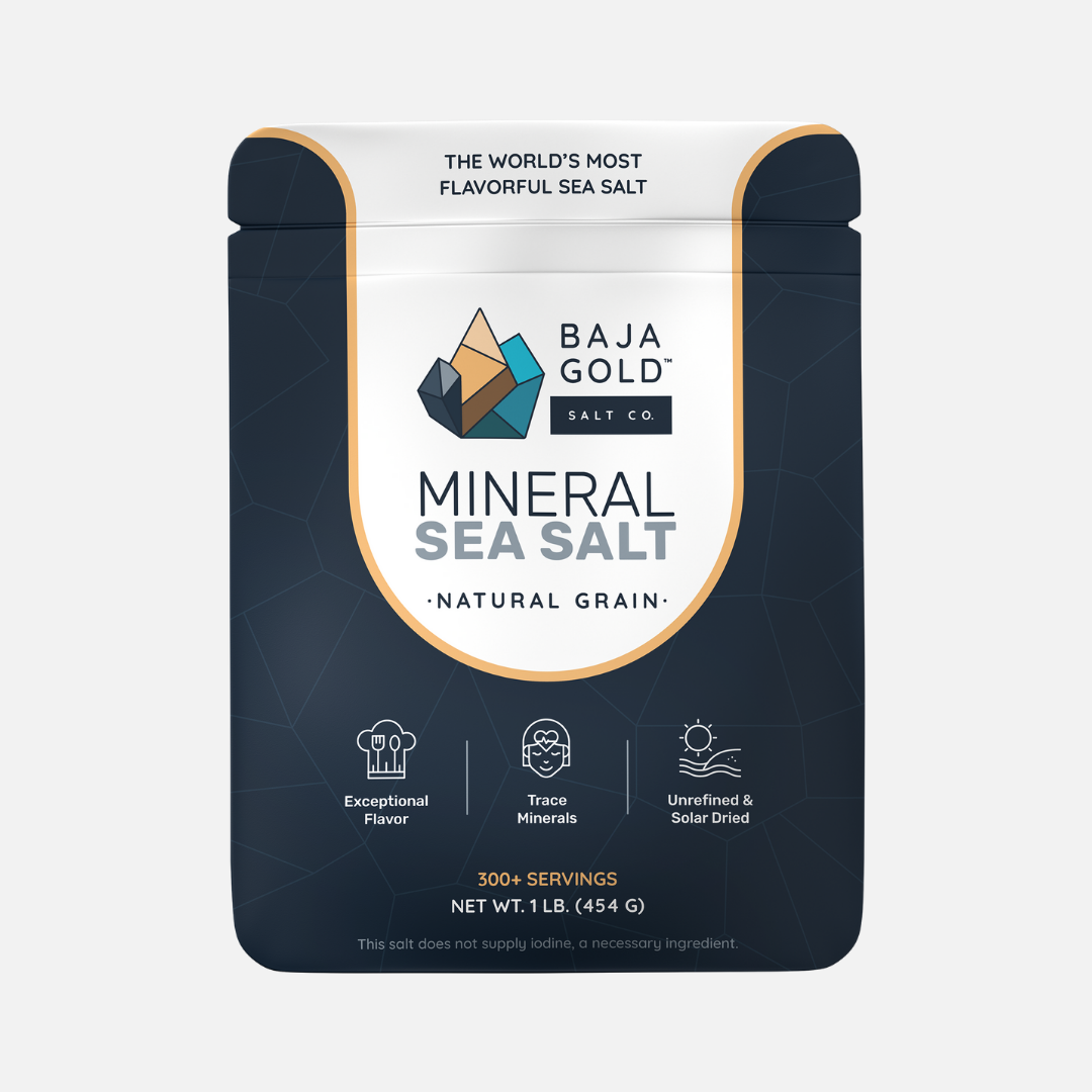 Natural grain Baja Gold mineral sea salt packaging on a white background.